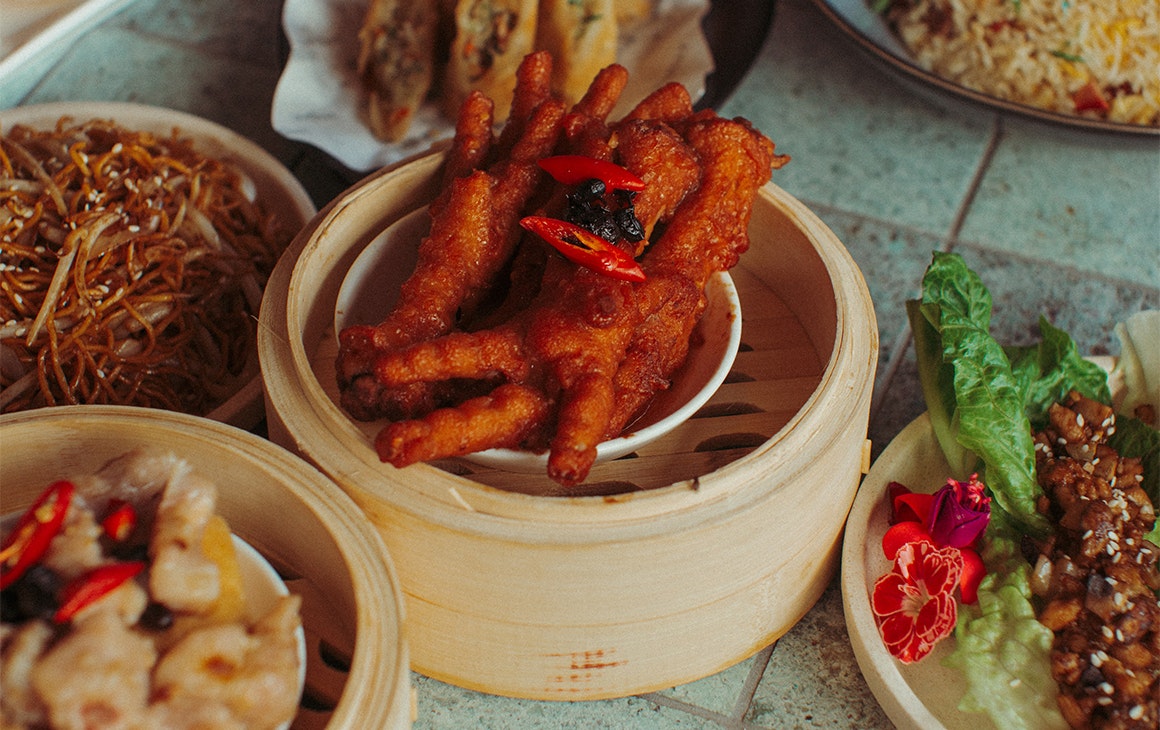 a bamboo basket of some kind of yum cha dish